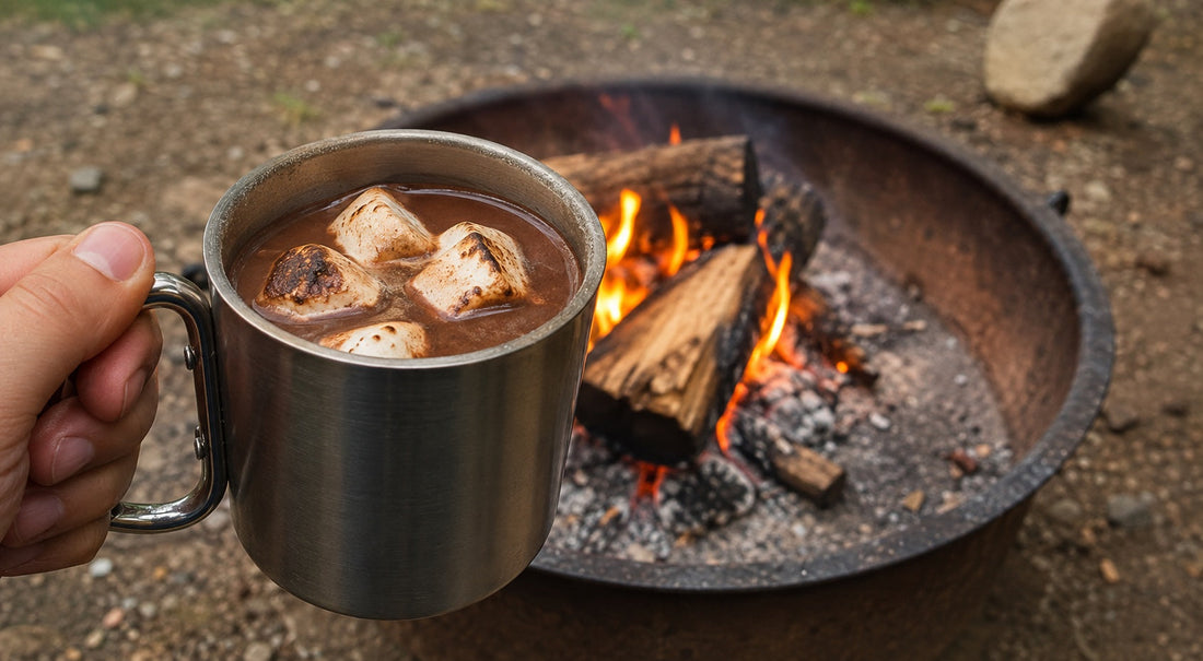 Steel camping mug of hot chocolate with toasted marshmallows held up beside a campfire