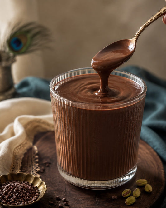 Thick chocolate milk in a fluted glass with a spoon lifting from it, peacock feather in the background