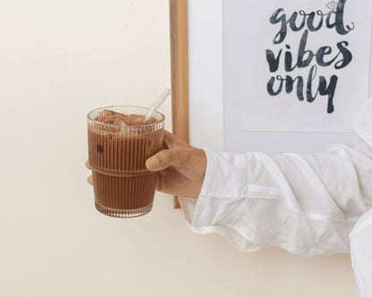 Ribbed Glass Tumbler with Lid & Straw