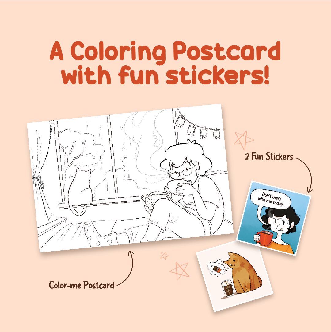 Coloring postcard and stickers included in the gift box