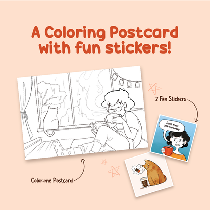 Coloring postcard and stickers included in the gift box