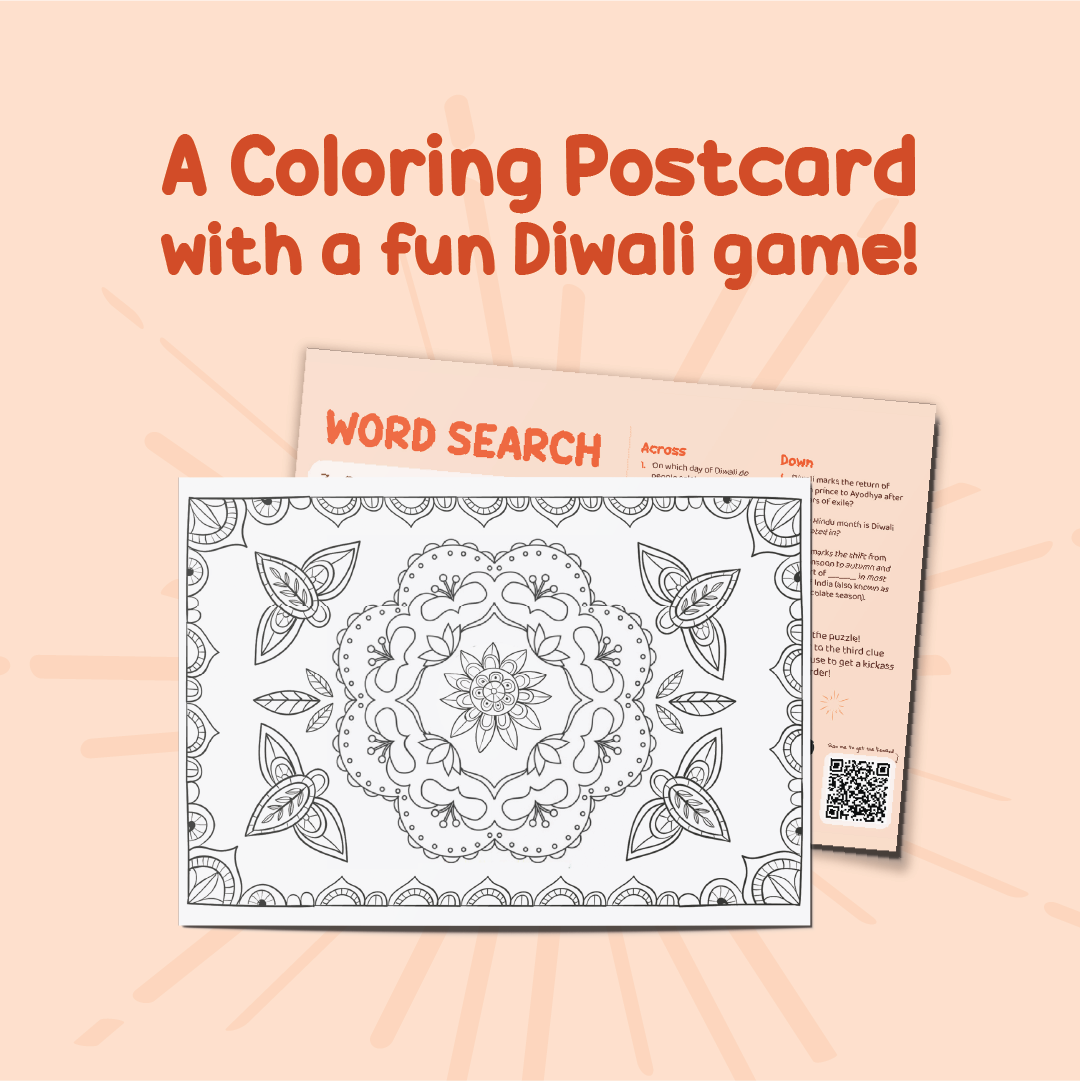 Coloring postcard with a fun Diwali game
