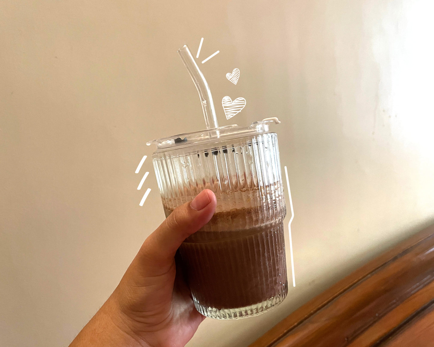 Ribbed Glass Tumbler with Lid & Straw