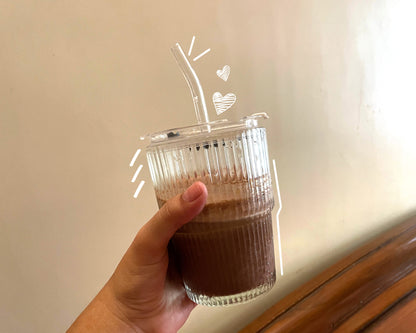 Ribbed Glass Tumbler with Lid & Straw